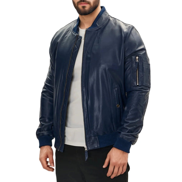 Blaze MA-1 Blue Leather Bomber Jacket for Men | Stylish Flight Jacket | Premium Quality Outerwear