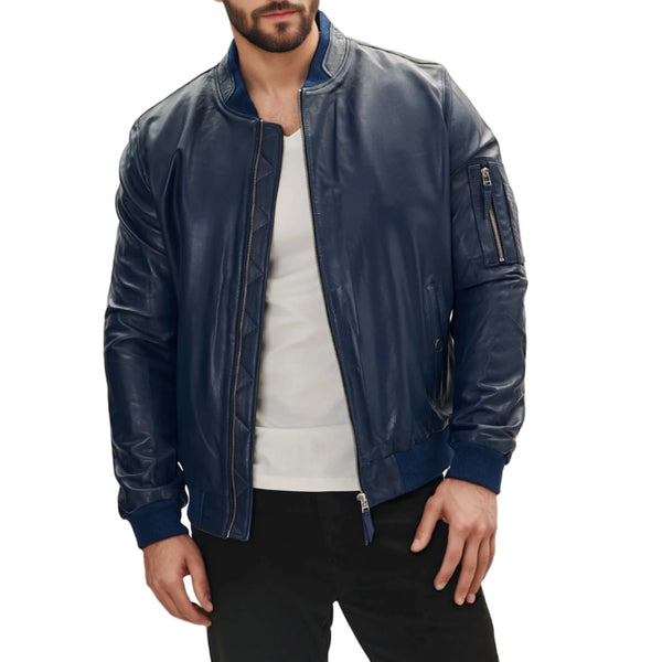 Blaze MA-1 Blue Leather Bomber Jacket for Men | Stylish Flight Jacket | Premium Quality Outerwear