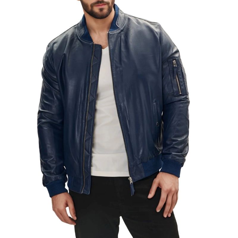 Blaze MA-1 Blue Leather Bomber Jacket for Men | Stylish Flight Jacket | Premium Quality Outerwear