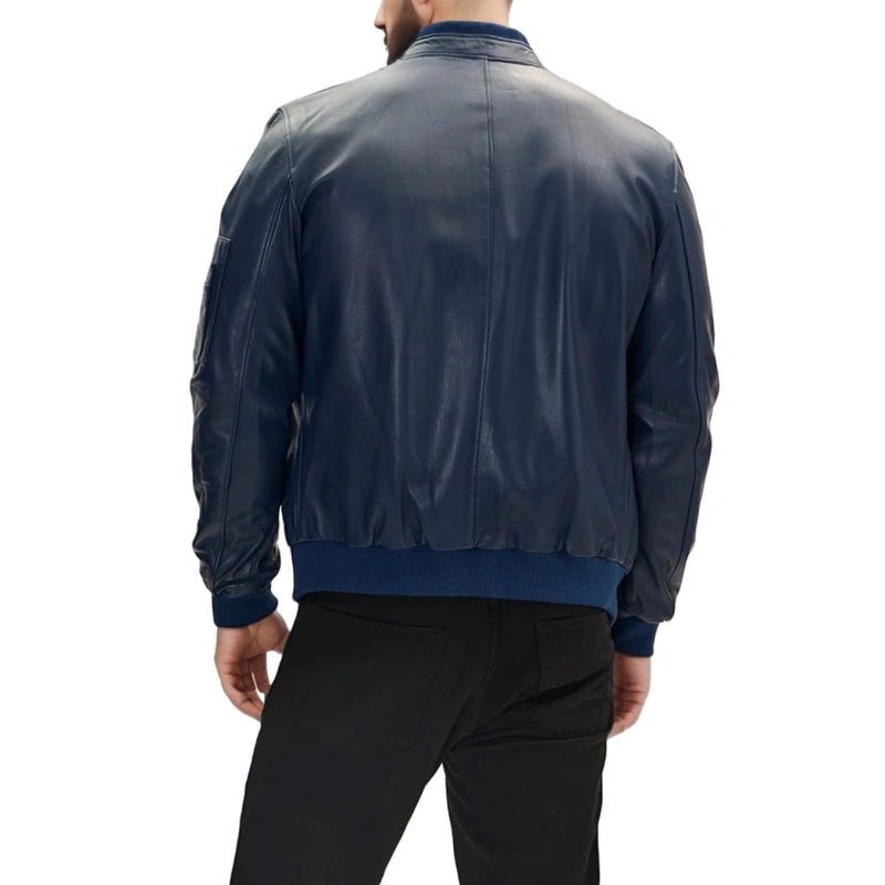 Blaze MA-1 Blue Leather Bomber Jacket for Men | Stylish Flight Jacket | Premium Quality Outerwear
