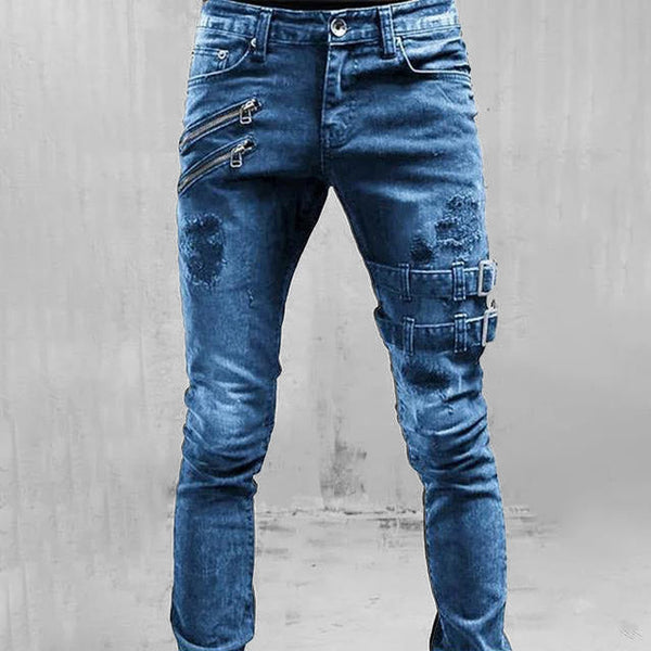 Men's Punk Skinny Ripped Biker Jeans with Buckle - Stylish Motorcycle Pants