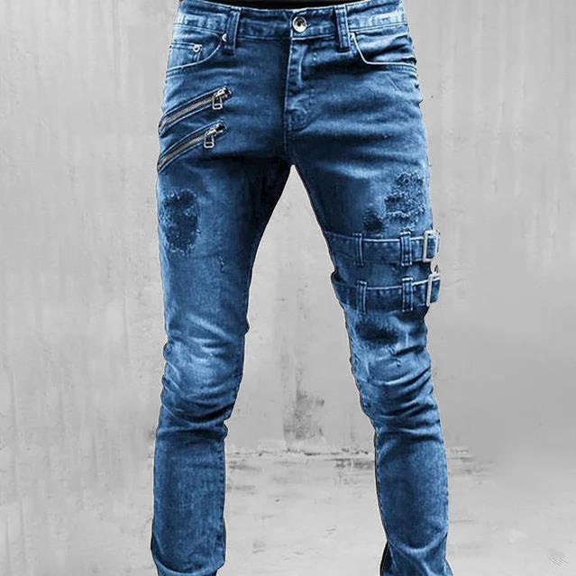 Men's Punk Skinny Ripped Biker Jeans with Buckle - Stylish Motorcycle Pants