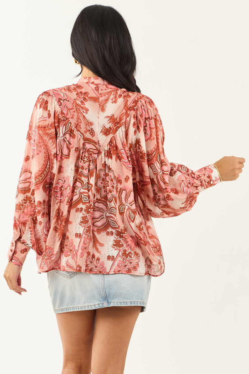 Women's Blush Floral Print Button-Down Pleated Top - Stylish & Comfortable Blouse for Spring & Summer Fashion