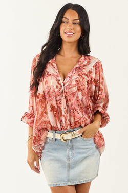 Women's Blush Floral Print Button-Down Pleated Top - Stylish & Comfortable Blouse for Spring & Summer Fashion