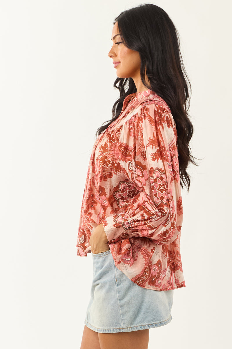 Women's Blush Floral Print Button-Down Pleated Top - Stylish & Comfortable Blouse for Spring & Summer Fashion