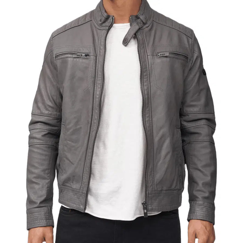 Men's Brent Grey Leather Biker Jacket - Stylish & Durable Motorcycle Jacket for Riders