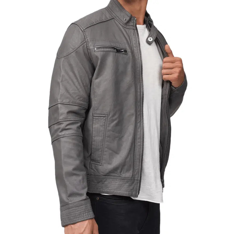 Men's Brent Grey Leather Biker Jacket - Stylish & Durable Motorcycle Jacket for Riders