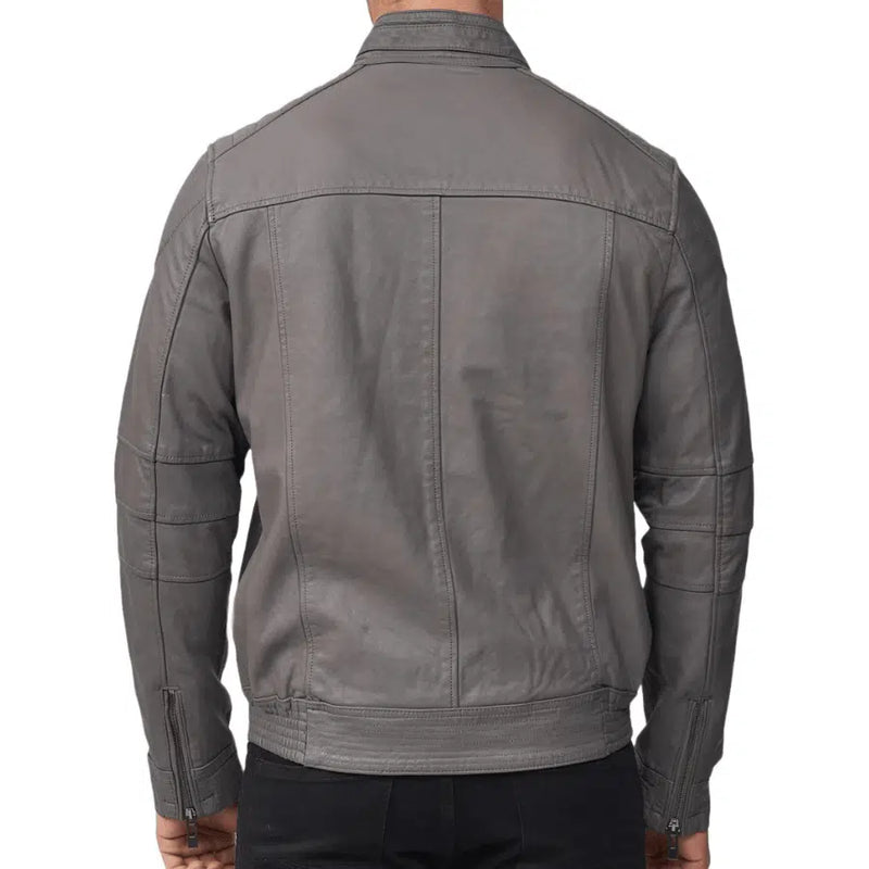 Men's Brent Grey Leather Biker Jacket - Stylish & Durable Motorcycle Jacket for Riders
