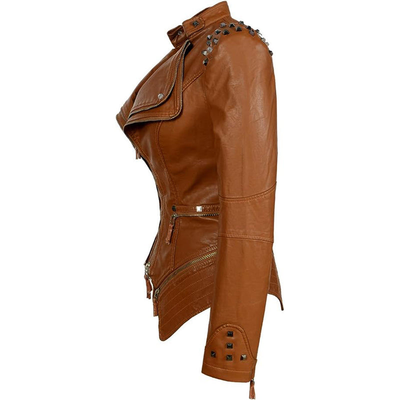 Women's Fitted Biker Leather Jacket - Studded Lapel & Cuffs, Zippered Details - Stylish & Durable Outerwear