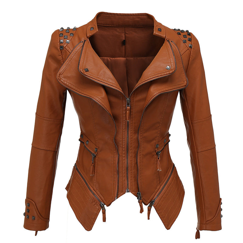 Women's Fitted Biker Leather Jacket - Studded Lapel & Cuffs, Zippered Details - Stylish & Durable Outerwear