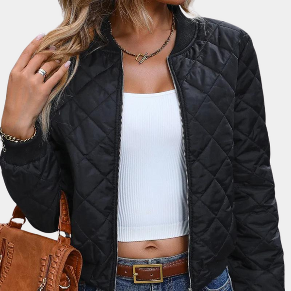 Stylish Women's Quilted Bomber Jacket - Zip Front, Ribbed Edges, Perfect for Fall Fashion