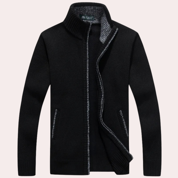 Men's Knitted Zip-Up Cardigan with Stylish Plaid Lining & Mock Neck - Cozy & Fashionable Outerwear
