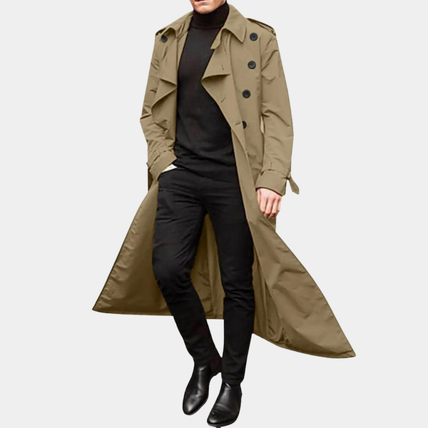 Men's Classic Double-Breasted Long Trench Coat with Belt - Stylish & Timeless Outerwear for All Seasons
