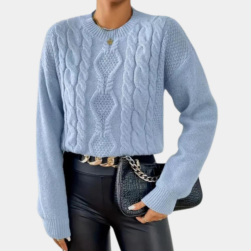 Women's Blue Cable Knit Jumper - Cozy Round Neck Sweater with Long Sleeves for Fall/Winter Fashion