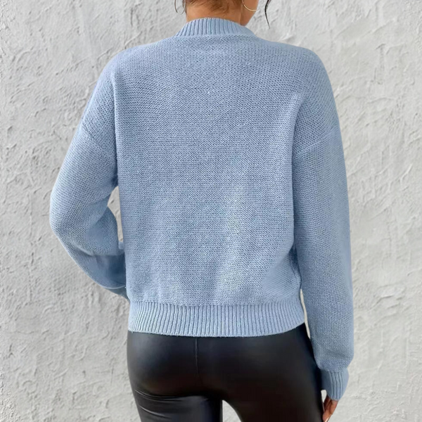 Women's Blue Cable Knit Jumper - Cozy Round Neck Sweater with Long Sleeves for Fall/Winter Fashion