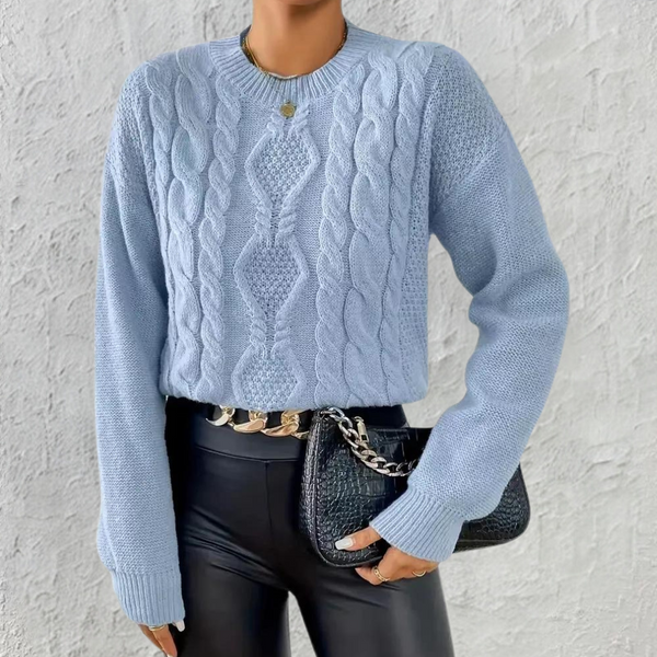 Women's Blue Cable Knit Jumper - Cozy Round Neck Sweater with Long Sleeves for Fall/Winter Fashion