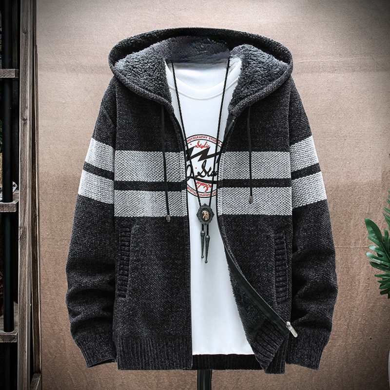 Men's Striped Fleece-Lined Zip Hoodie with Adjustable Drawstring Hood – Cozy & Stylish Outerwear for Fall/Winter