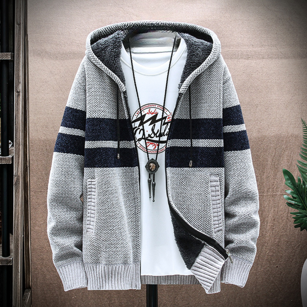 Men's Striped Fleece-Lined Zip Hoodie with Adjustable Drawstring Hood – Cozy & Stylish Outerwear for Fall/Winter