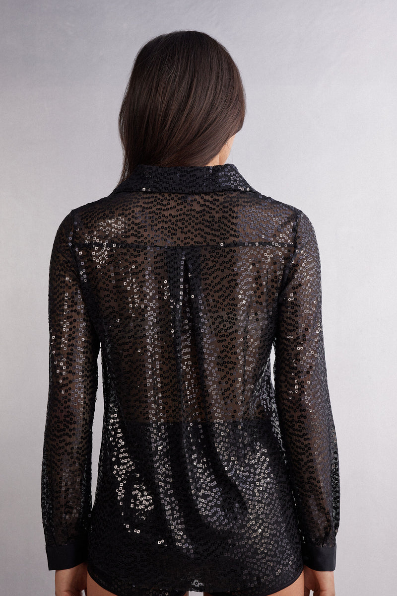 Black Sequin Button-Up Shirt – Modern Minimalist Glam