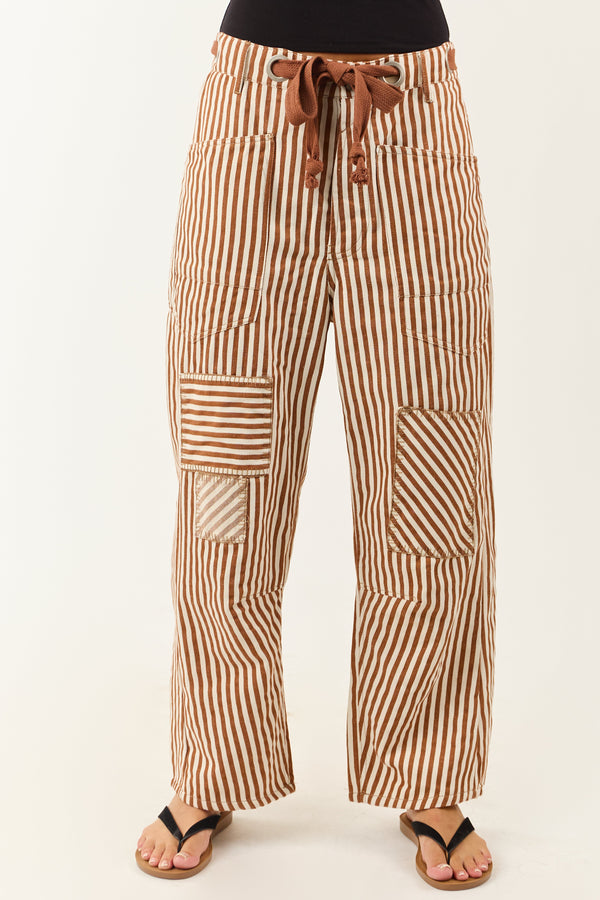 Trendy Caramel Railroad Striped Patchwork Barrel Pants for Women - Stylish & Comfortable Fashion