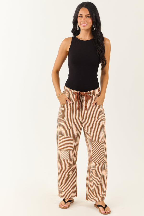 Trendy Caramel Railroad Striped Patchwork Barrel Pants for Women - Stylish & Comfortable Fashion