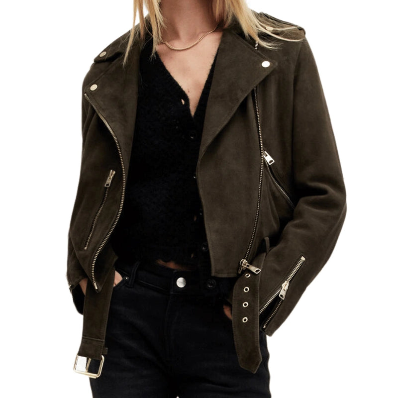 Carolyn Women's Grey Leather Biker Jacket - Stylish & Durable Motorcycle Outerwear