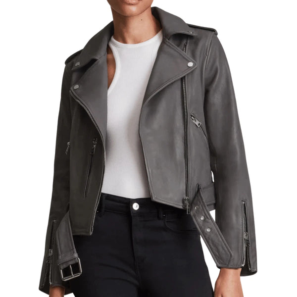 Carolyn Women's Grey Leather Biker Jacket - Stylish & Durable Motorcycle Outerwear