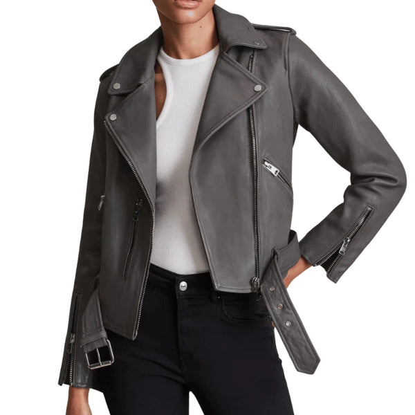 Carolyn Women's Grey Leather Biker Jacket - Stylish & Durable Motorcycle Outerwear