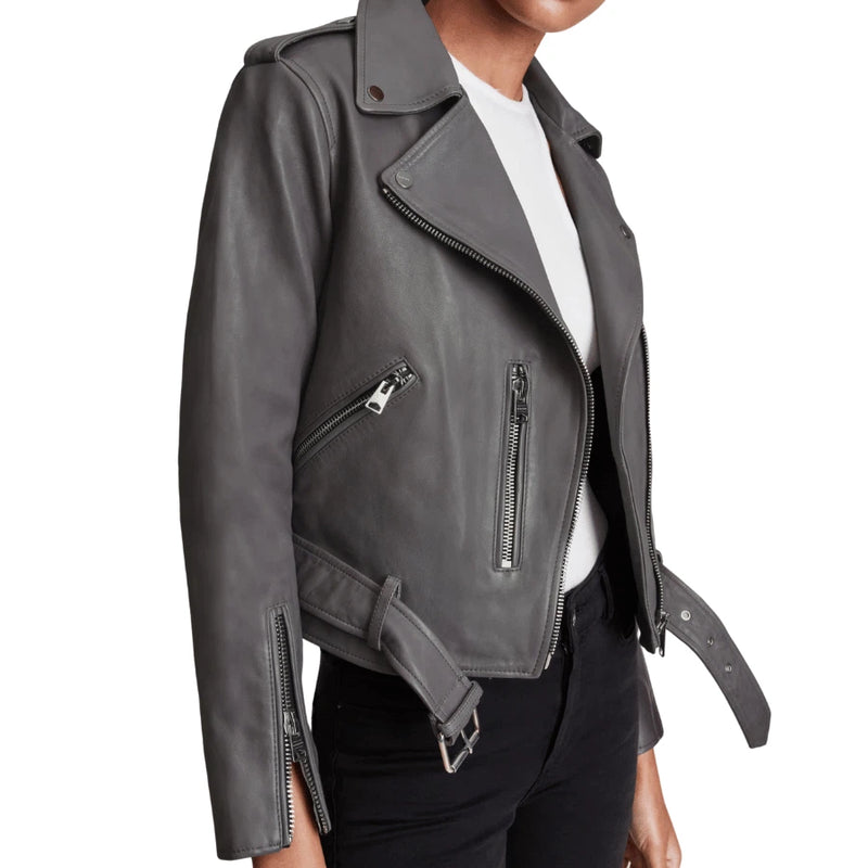 Carolyn Women's Grey Leather Biker Jacket - Stylish & Durable Motorcycle Outerwear