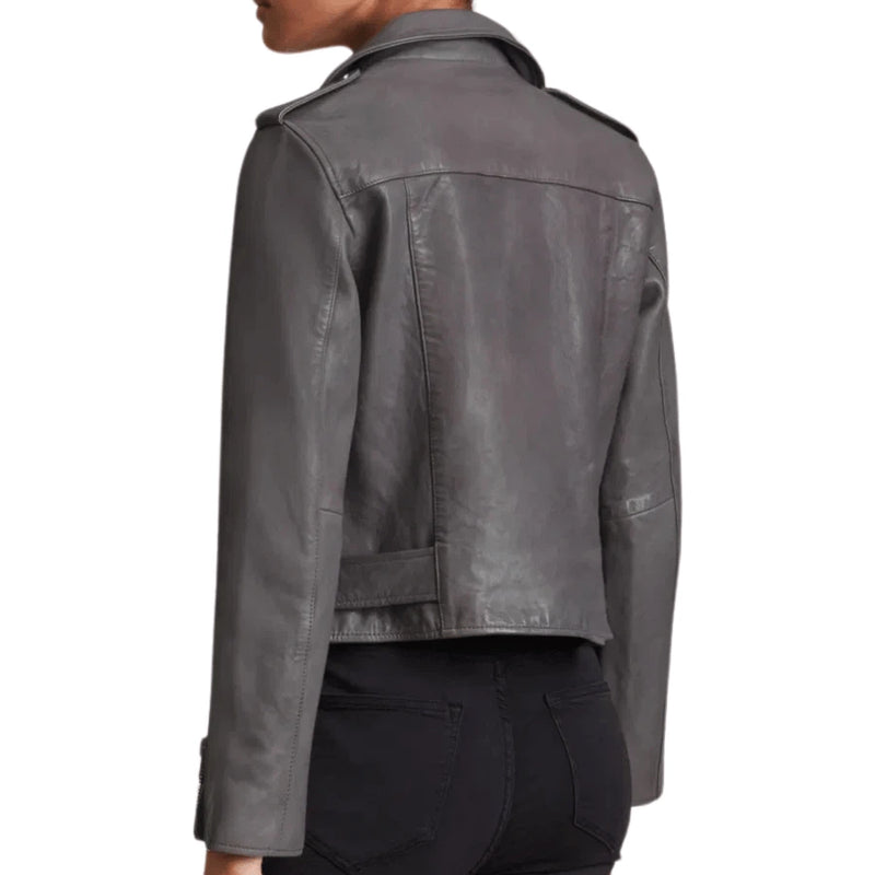Carolyn Women's Grey Leather Biker Jacket - Stylish & Durable Motorcycle Outerwear