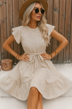 Chic Polka Dot Ruffle Sleeve Belted Summer Dress