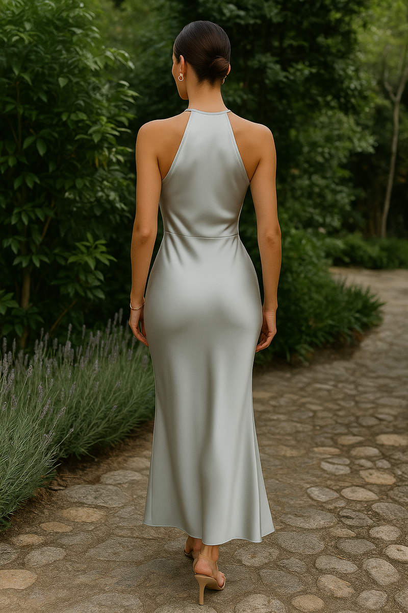 Satin Silver Halter Maxi Dress