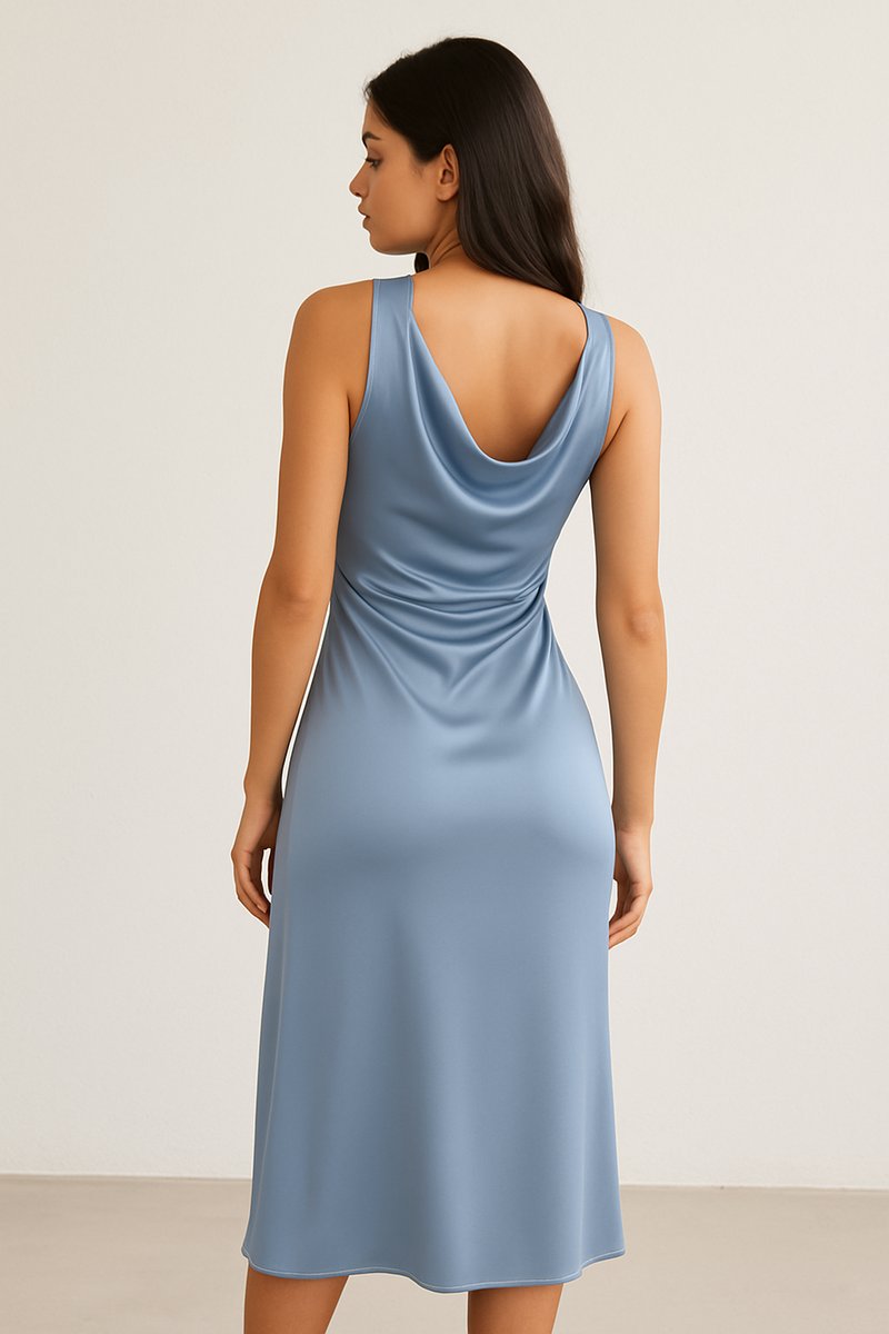 Satin Cowl Neck Midi Dress – Light Blue