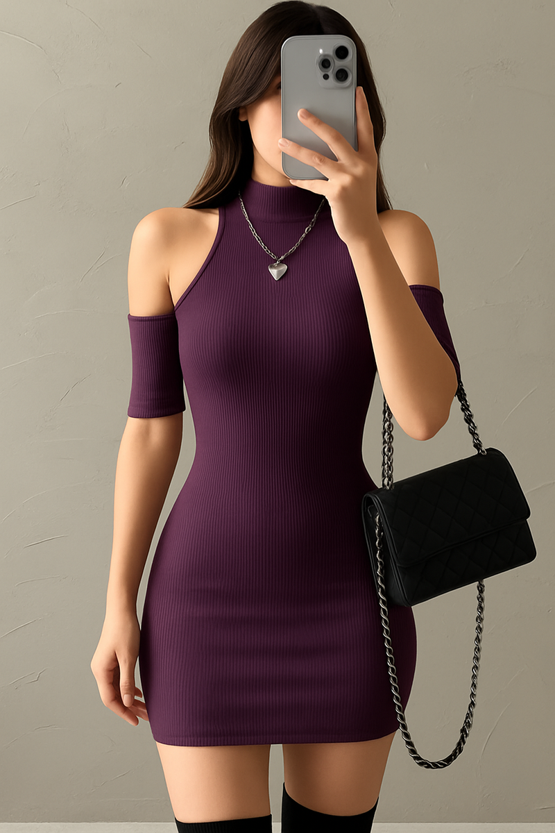 Purple Cold-Shoulder Ribbed Mini Dress