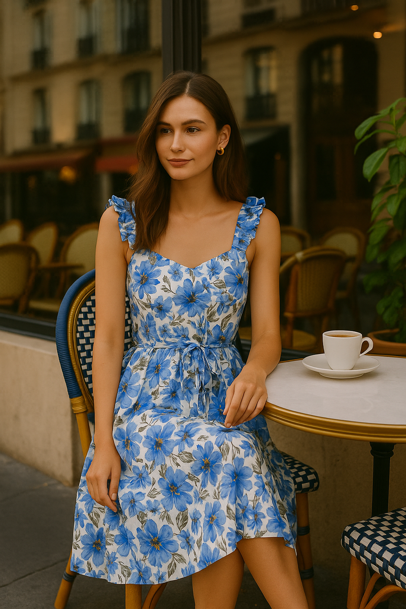 Romantic Blue Floral Midi Dress with Ruffled Straps