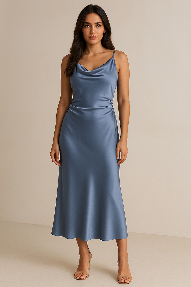 Satin Cowl Neck Midi Dress – Light Blue