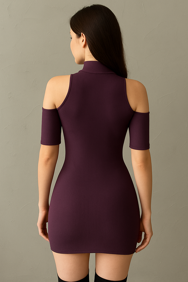 Purple Cold-Shoulder Ribbed Mini Dress