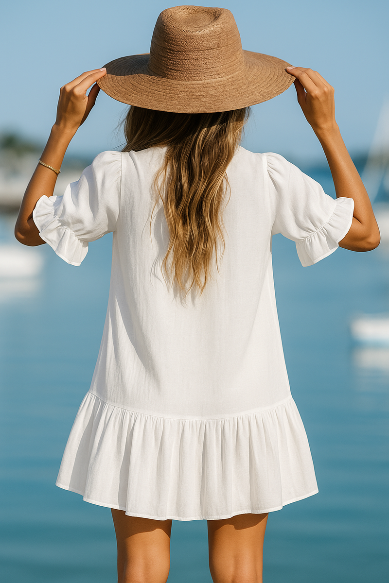 White Ruffled Button-Down linen Dress – Resort Style