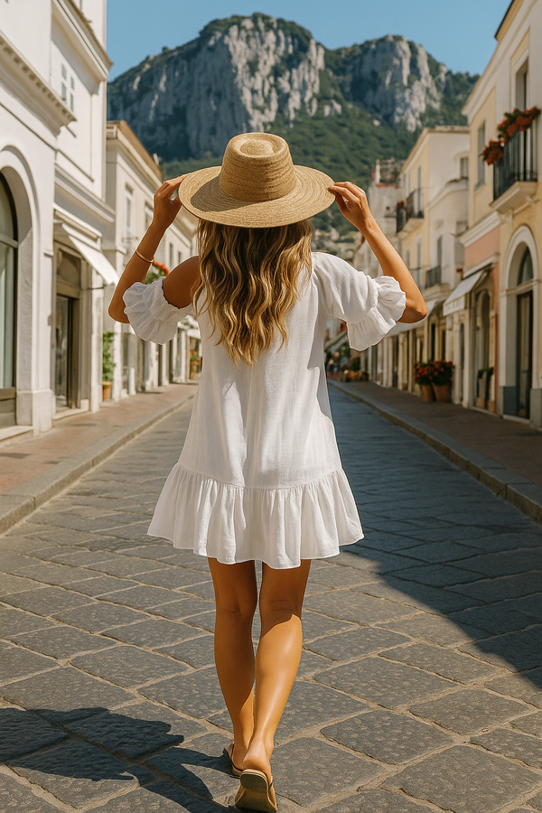 White Ruffled Button-Down linen Dress – Resort Style