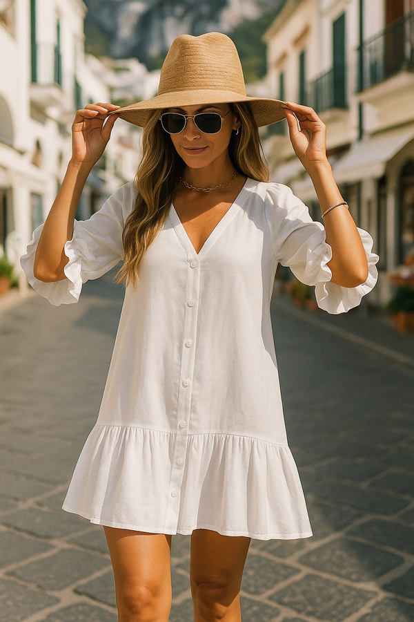White Ruffled Button-Down linen Dress – Resort Style