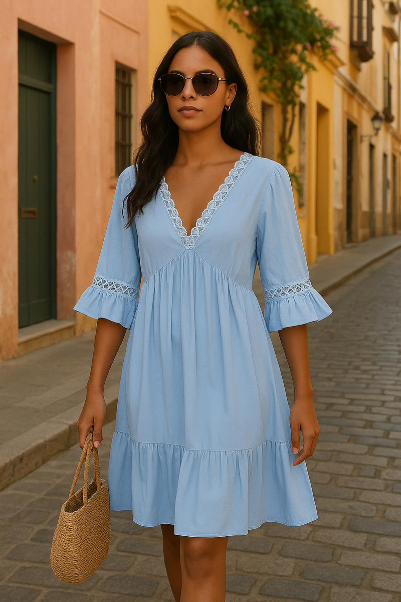 Boho Sky-Blue Lace Trim Midi Dress