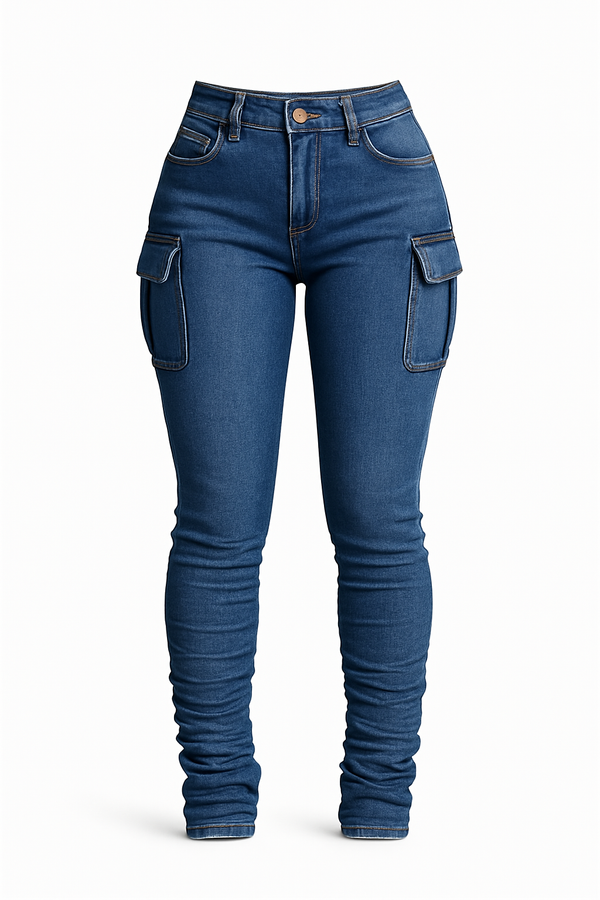 Women's High Waisted Elastic Casual Stack Jeans - Sexy Hip Lifting Multi-Pocket Workwear - Street Style, Machine Washable