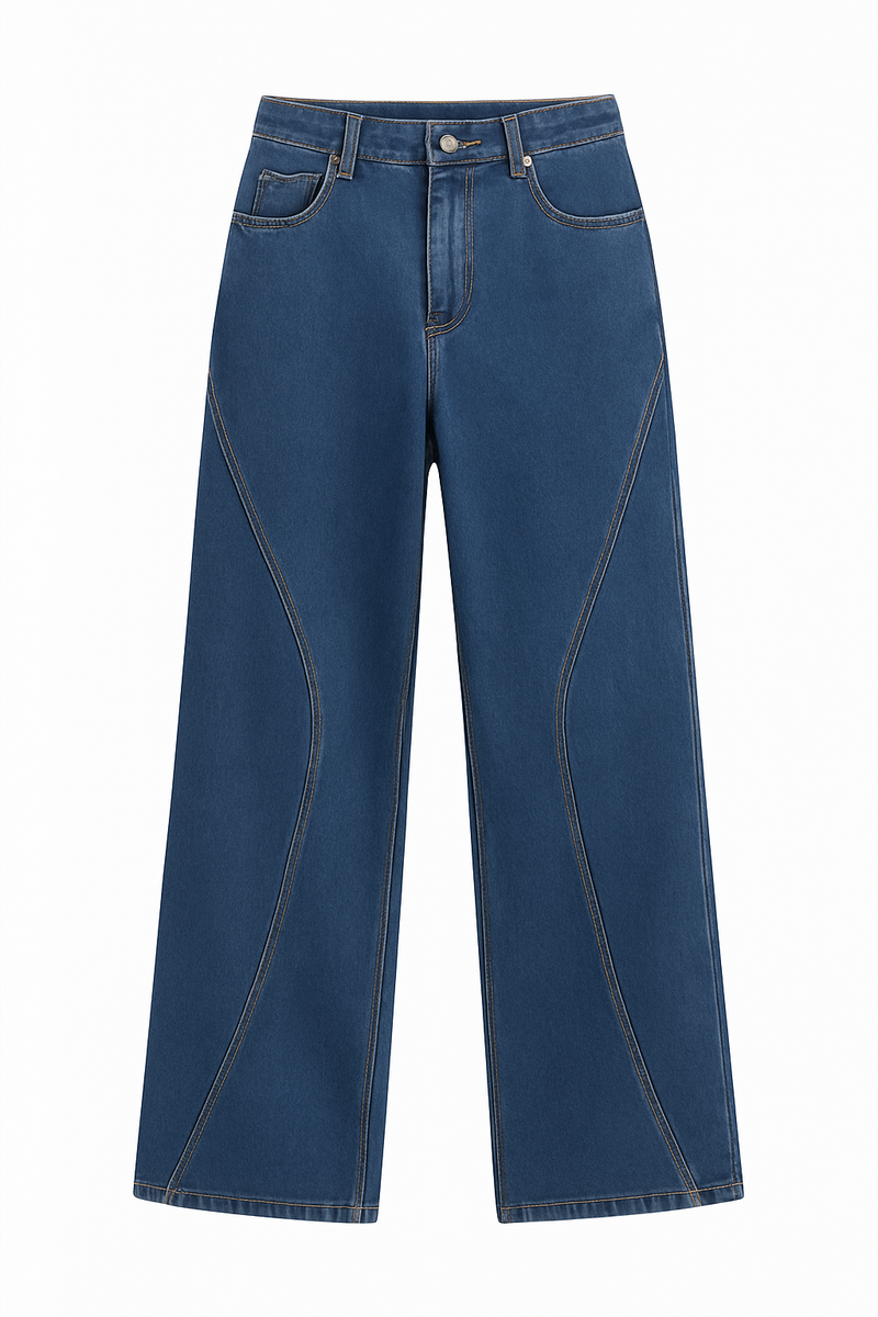 Women's Dark Blue Loose Wide-Leg Denim Jeans with Stylish Seam Detail | Comfortable & Trendy Fit