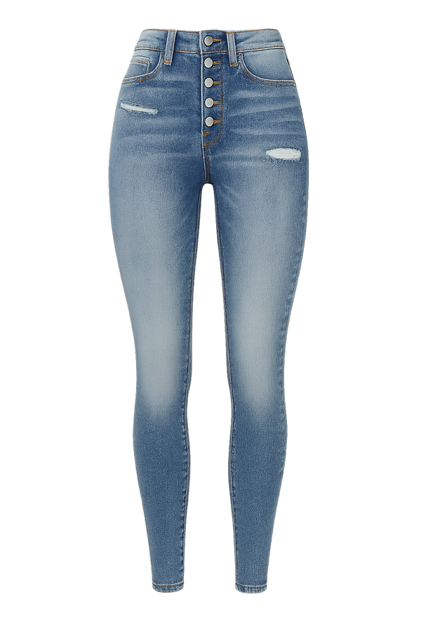 Women's High-Waisted Slim Fit Jeans - Elastic Perforated Design, Single Breasted, Washed Finish, Casual Style with Slanted Pockets