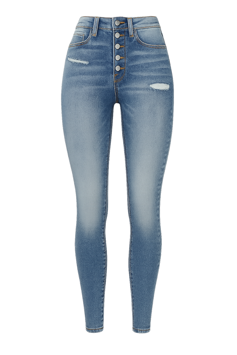 Women's High-Waisted Slim Fit Jeans - Elastic Perforated Design, Single Breasted, Washed Finish, Casual Style with Slanted Pockets