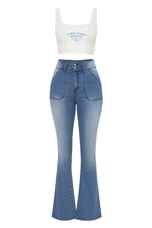 Women's Light Blue Flare Jeans - Comfortable Stretch Fabric, Figure-Hugging Fit, Elegant & Stylish Design