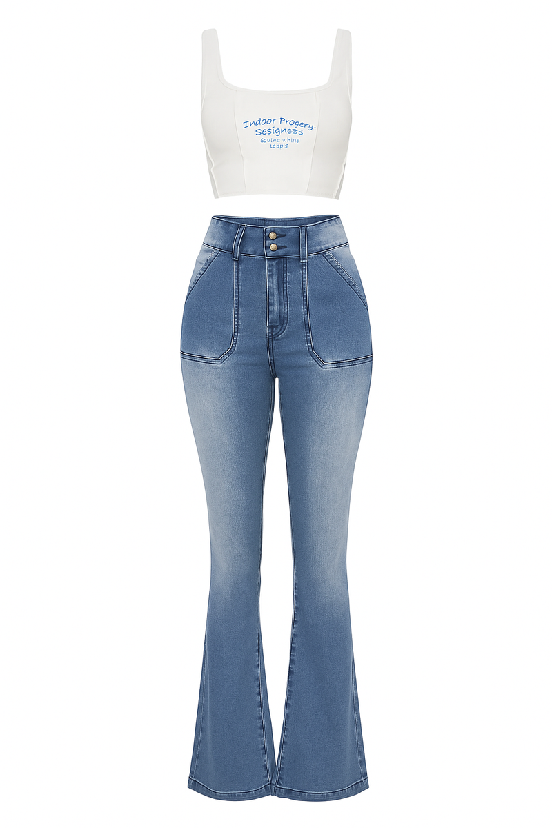 Women's Light Blue Flare Jeans - Comfortable Stretch Fabric, Figure-Hugging Fit, Elegant & Stylish Design