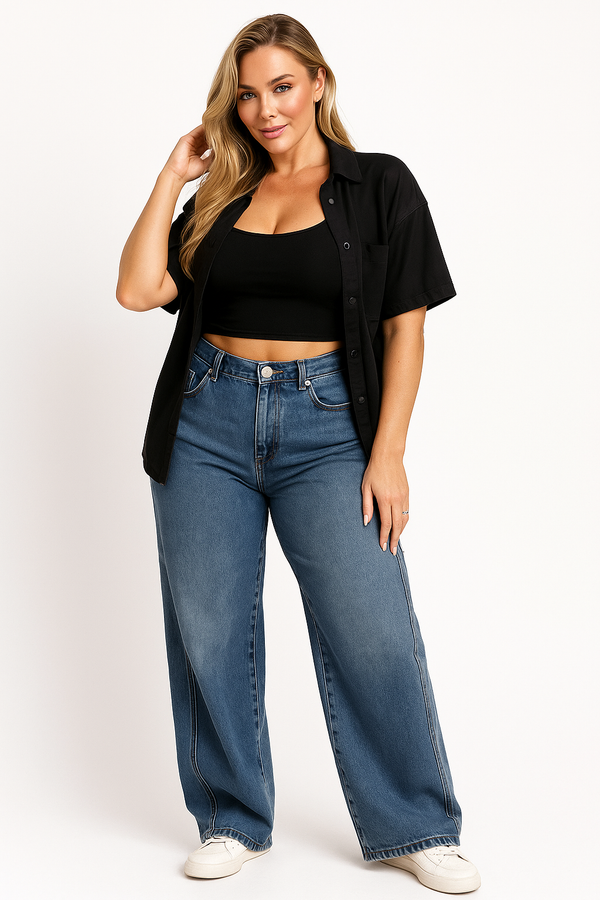 Women's High-Waisted Wide Leg Cargo Jeans | Stylish Baggy Denim Workwear Pants for Comfort & Versatility