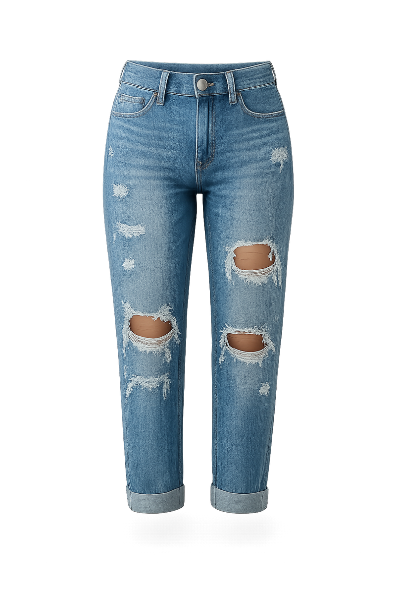 Women's Vintage Mid-Waist Ripped Jeans - Distressed Straight Leg with Rolled Edge, All-Season Elastic Denim