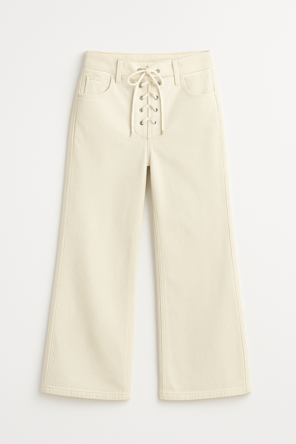 2025 Summer Women's High Waist White Denim Jeans with Drawstring & Lace-Up - Straight Leg Pants with Pockets - Trendy Fashion for Ladies